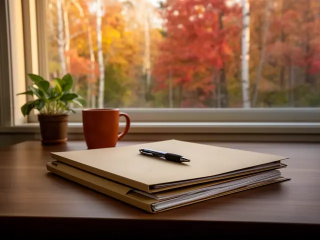 A neat stack of closed manila folders and a pen on a desk by a window.