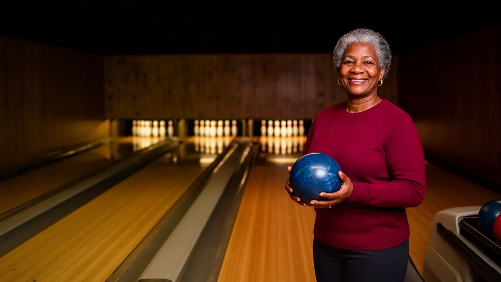 A smiling bowling-alley owner holding a blue bowling ball beside the glowing lanes.
